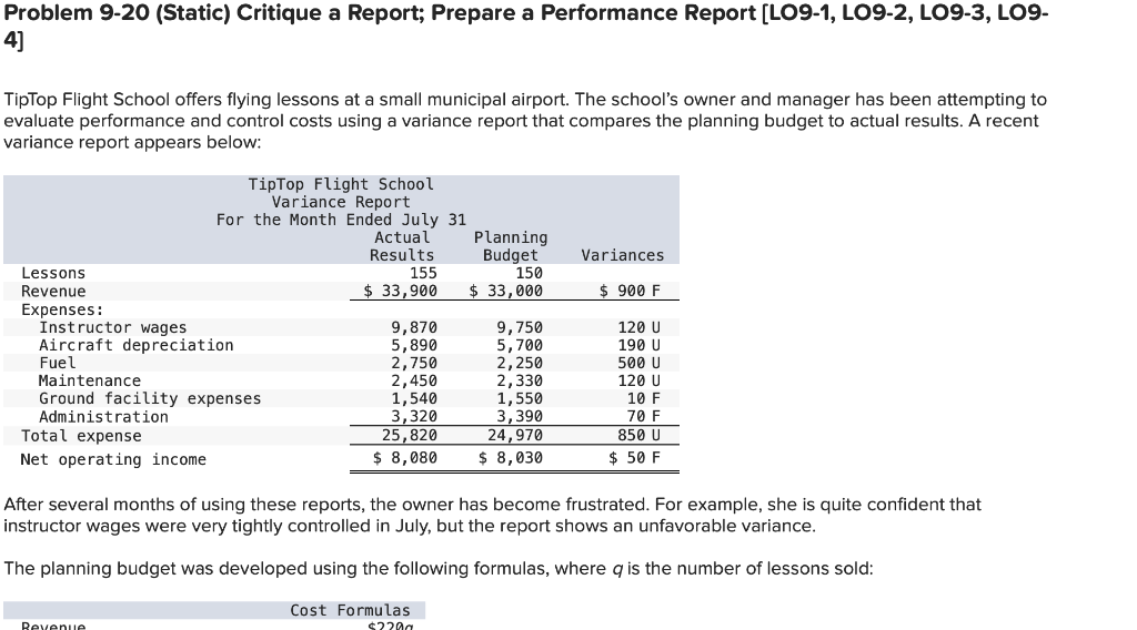  Problem 9-20 (Static) Critique a Report; Prepare a Performance Report [LO9-1,