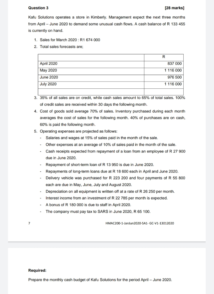  Question 3 [28 marks] Kafu Solutions operates a store in Kimberly.