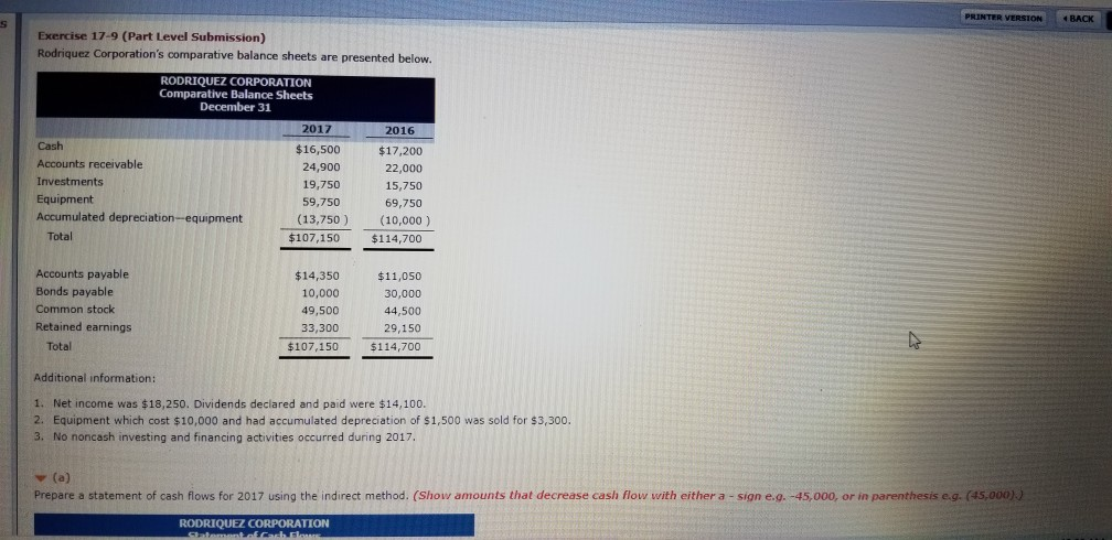  PRINTER VERSION BACK S Exercise 17-9 (Part Level Submission) Rodriquez Corporation's