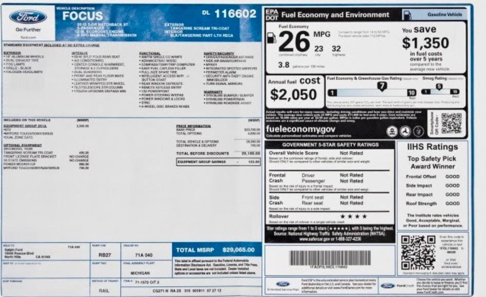 Given this sample sticker of a Ford Focus 1. a. The dealer