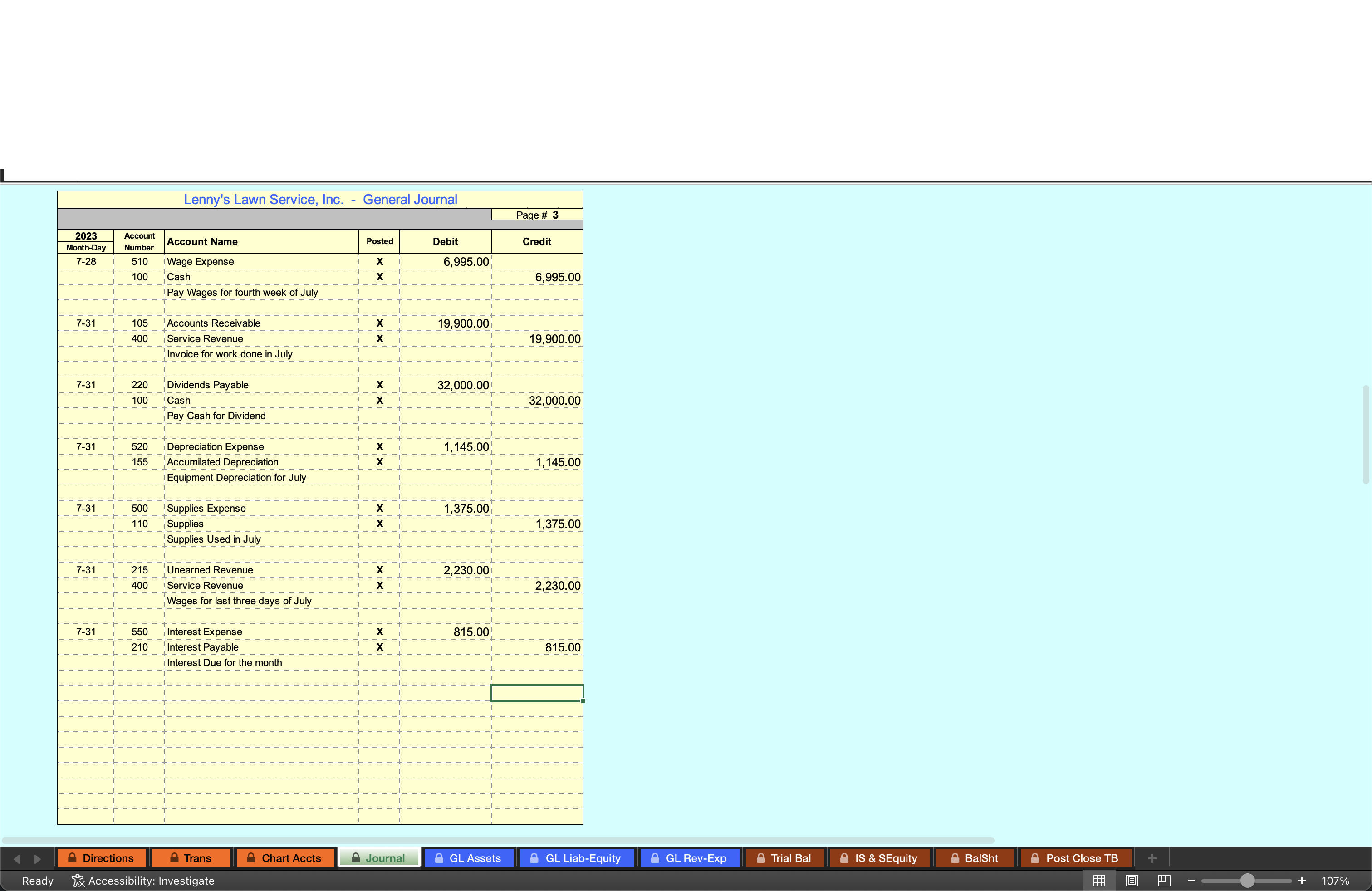 Receivable \\ \hline 105 & Supplies \\ \hline 110 & Equipment \\