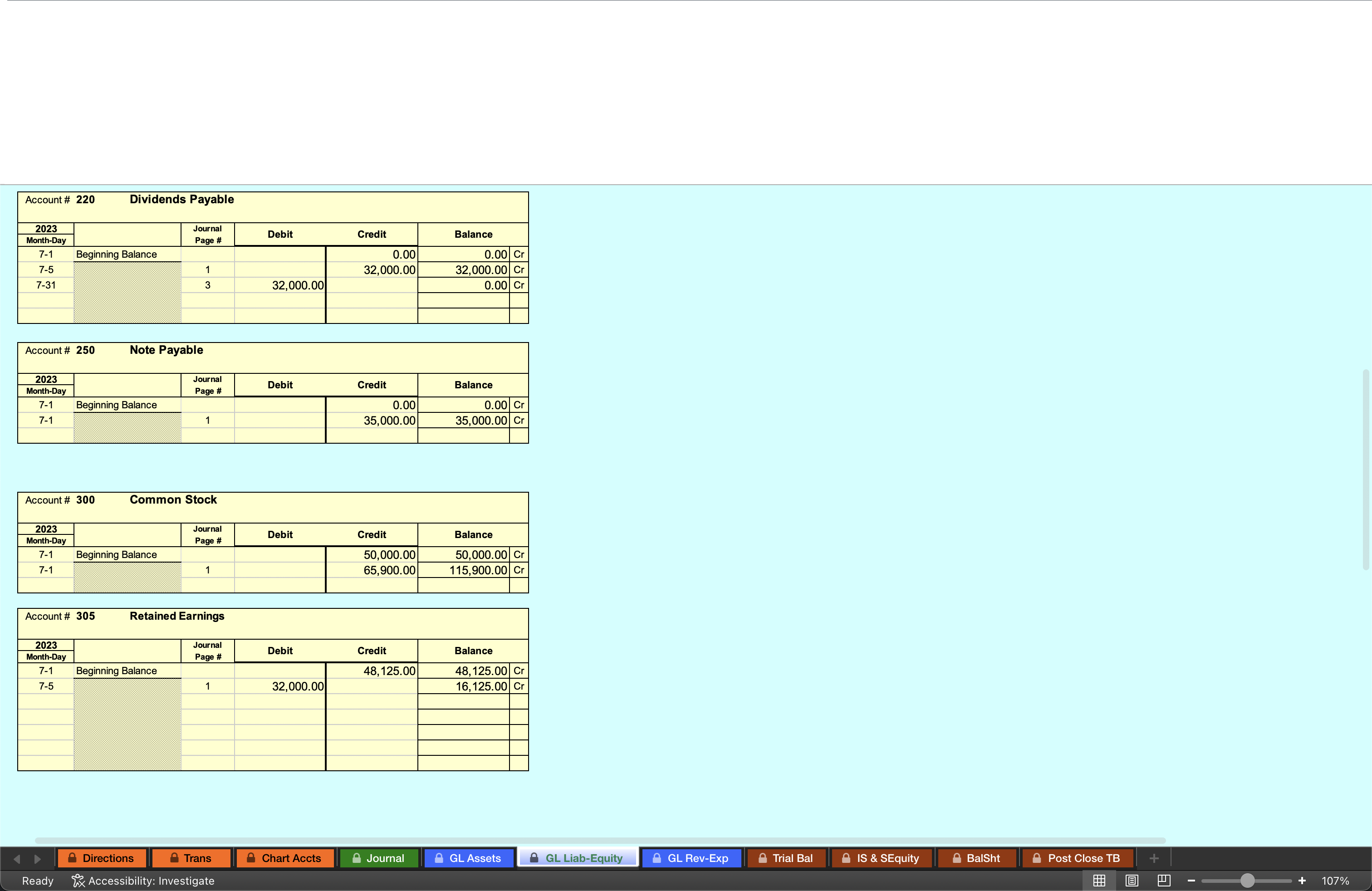 & Dividends Payable \\ \hline 220 & Note Payable \\ \hline 250