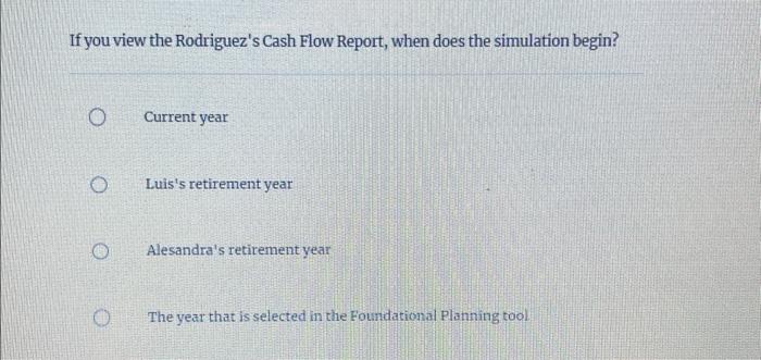 If you view the Rodriguez's cash flow report, when does the simulation