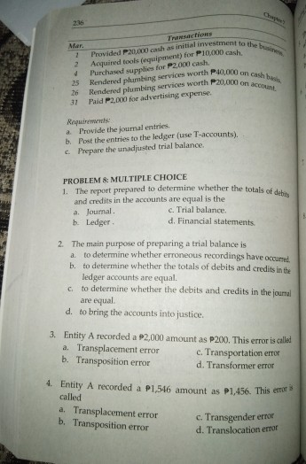 expense of P180,000, 5. 4. The business collects P100,000 accounts receivable. Requirements