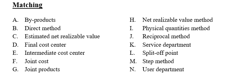  Matching A. By-products B. Direct method Estimated net realizable value D.