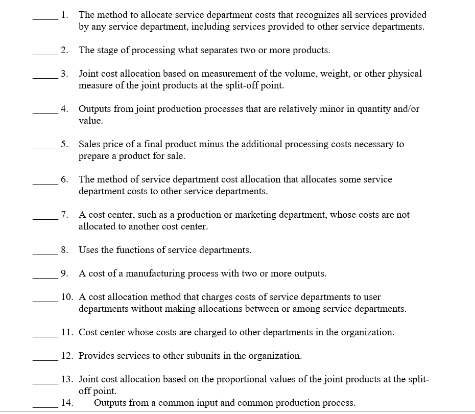 Final cost center E. Intermediate cost center F. Joint cost G. Joint