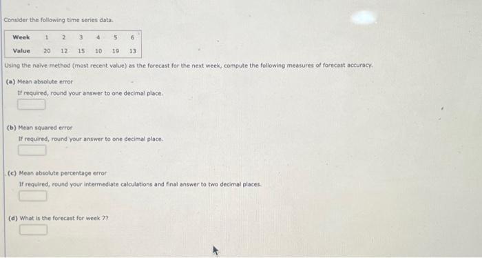  Consider the following time series data. Week Value 1 2 20
