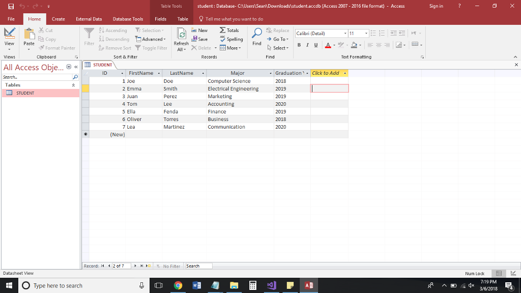 Develop a C++ program to connect to a MS Access database (Student.accdb