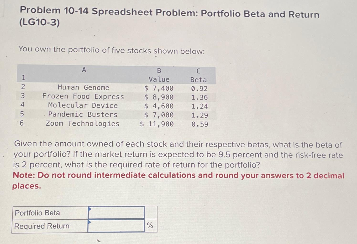  Problem 10-14 Spreadsheet Problem: Portfolio Beta and Return (LG10-3) You own