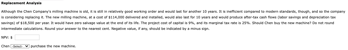  Replacement Analysis intermediate calculations. Round your answer to the nearest cent.