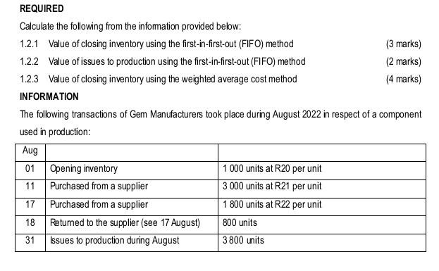 REQUIRED Calculate the following from the information provided below: 1.2.1 Value