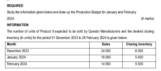  REQUIRED Study the information given below and draw up the Production