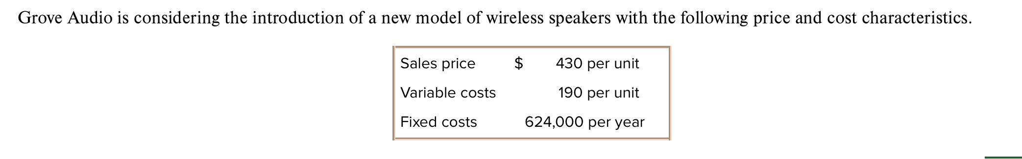 to the data for Grove Audio in Exercise 3-31. Assume that the