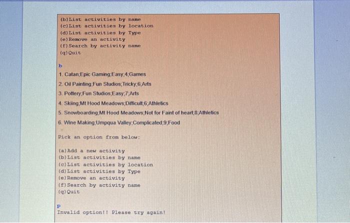 the database sorted by activity name with index number for each activity.