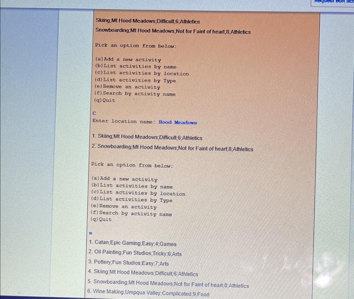 same Type. iv. Remove an activity by index. v. Search for activities