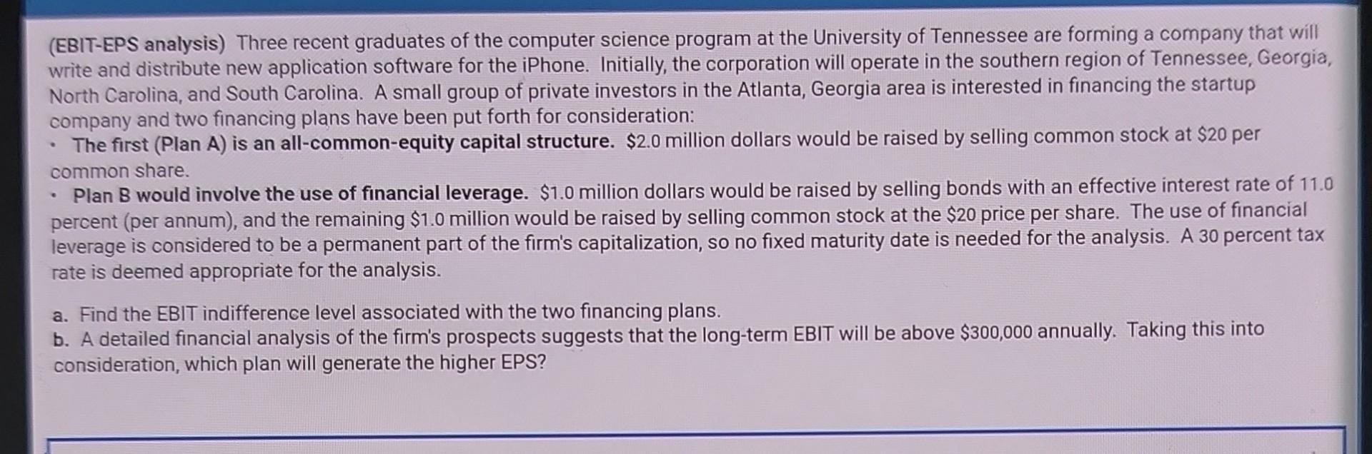  (EBIT-EPS analysis) Three recent graduates of the computer science program at