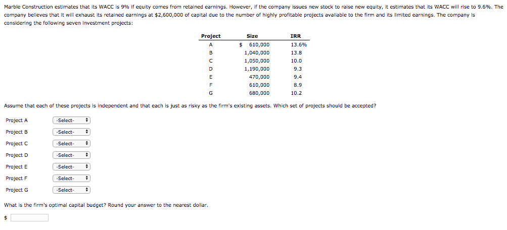 12.5 Marble Construction estimates that its WACC is 9% if equity comes