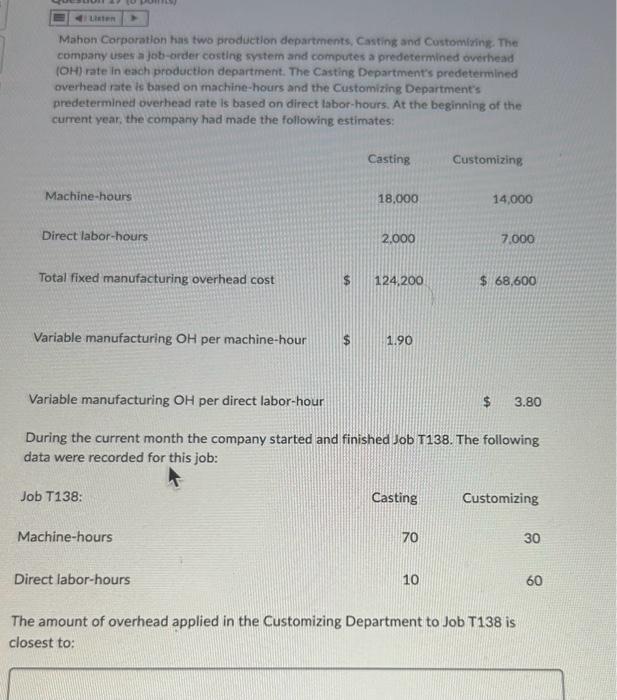 last question for the month A manufacturing company that produces a single