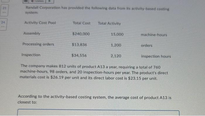 product has provided the following data concerning its most recent month of