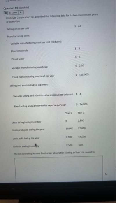 operations: 1. What is the variable costing unit product cost for the