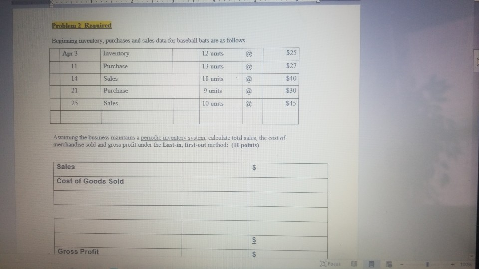  1 . 2 - .4 Problem 2 Required $25 Beginning inventory,