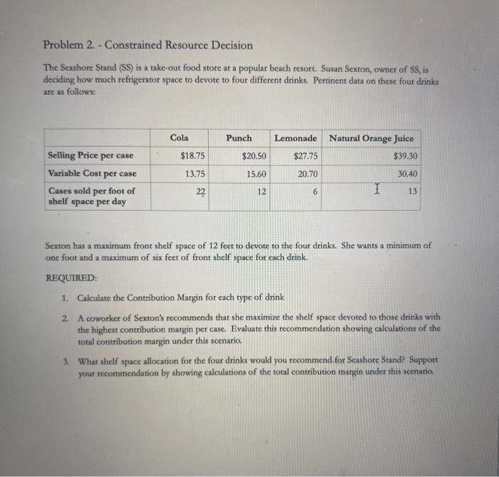  Problem 2. - Constrained Resource Decision The Seashore Stand (SS) is