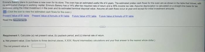 accounting rate of return based on net initial investment. Enma's Bakery plans