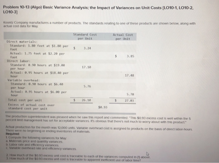  Problem 10-13 (Algo) Basic Variance Analysis: the Impact of Variances on