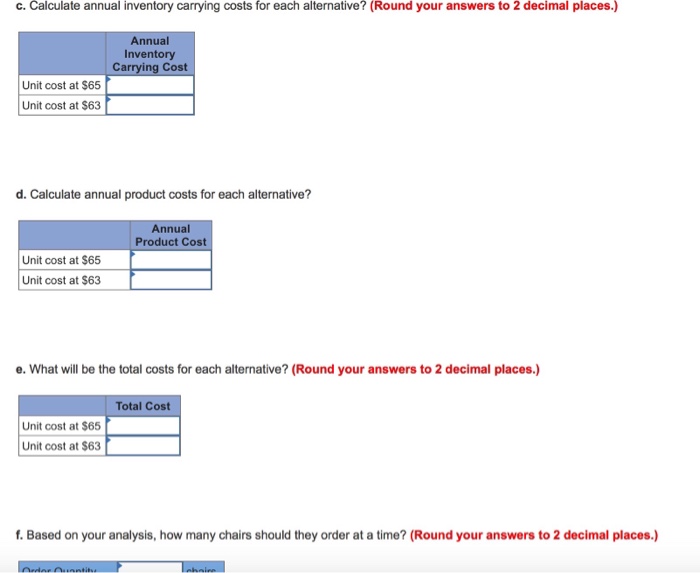 ergonomically designed office chairs. The company has the following information: Average demand