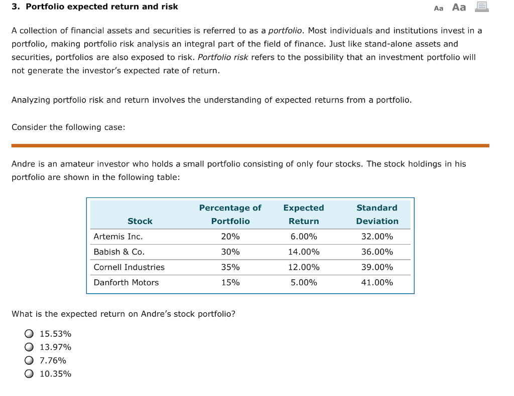  3. Portfolio expected return and risk Aa Aa E A collection