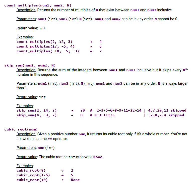 each function. You are not allowed to import anything. From built-in functions,