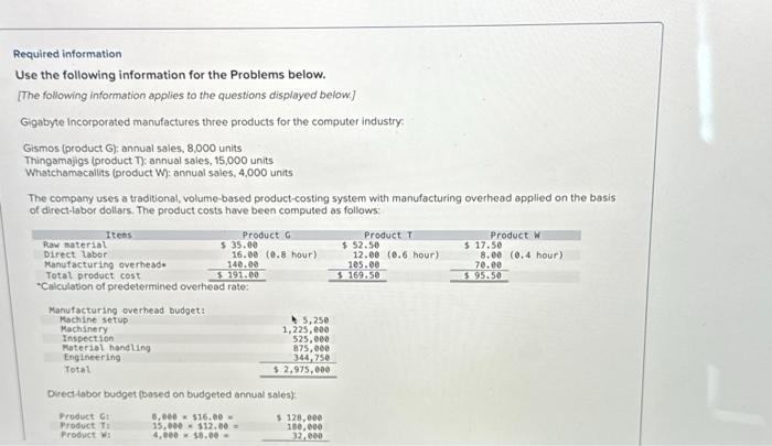  Required information Use the following information for the Problems below. [The