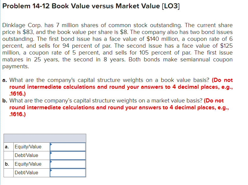  Problem 14-12 Book Value versus Market Value (LO3] Dinklage Corp. has