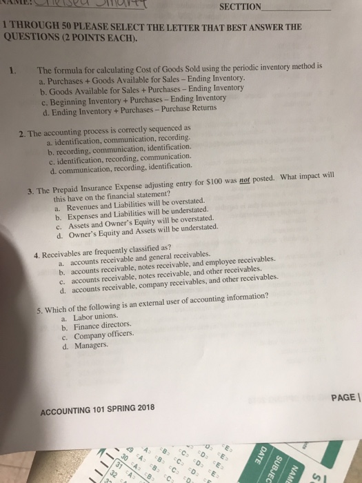  SECTTION 1 THROUGH 50 PLEASE SELECT THE LETTER THAT BEST ANSWER
