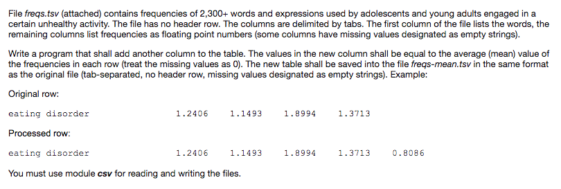PYTHON Programming The file looks something like this: File freqs.tsv (attached) contains