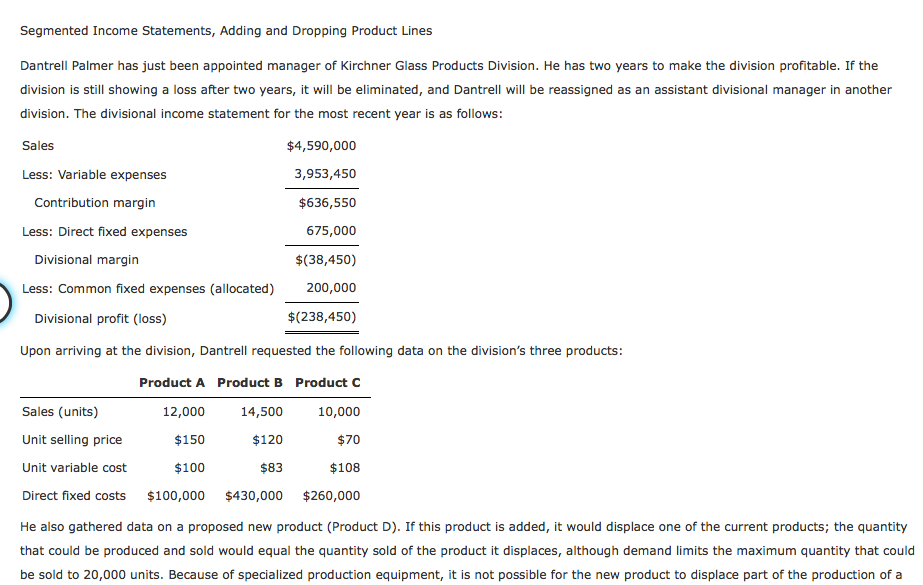 Segmented Income Statements, Adding and Dropping Product Lines Dantrell Palmer has