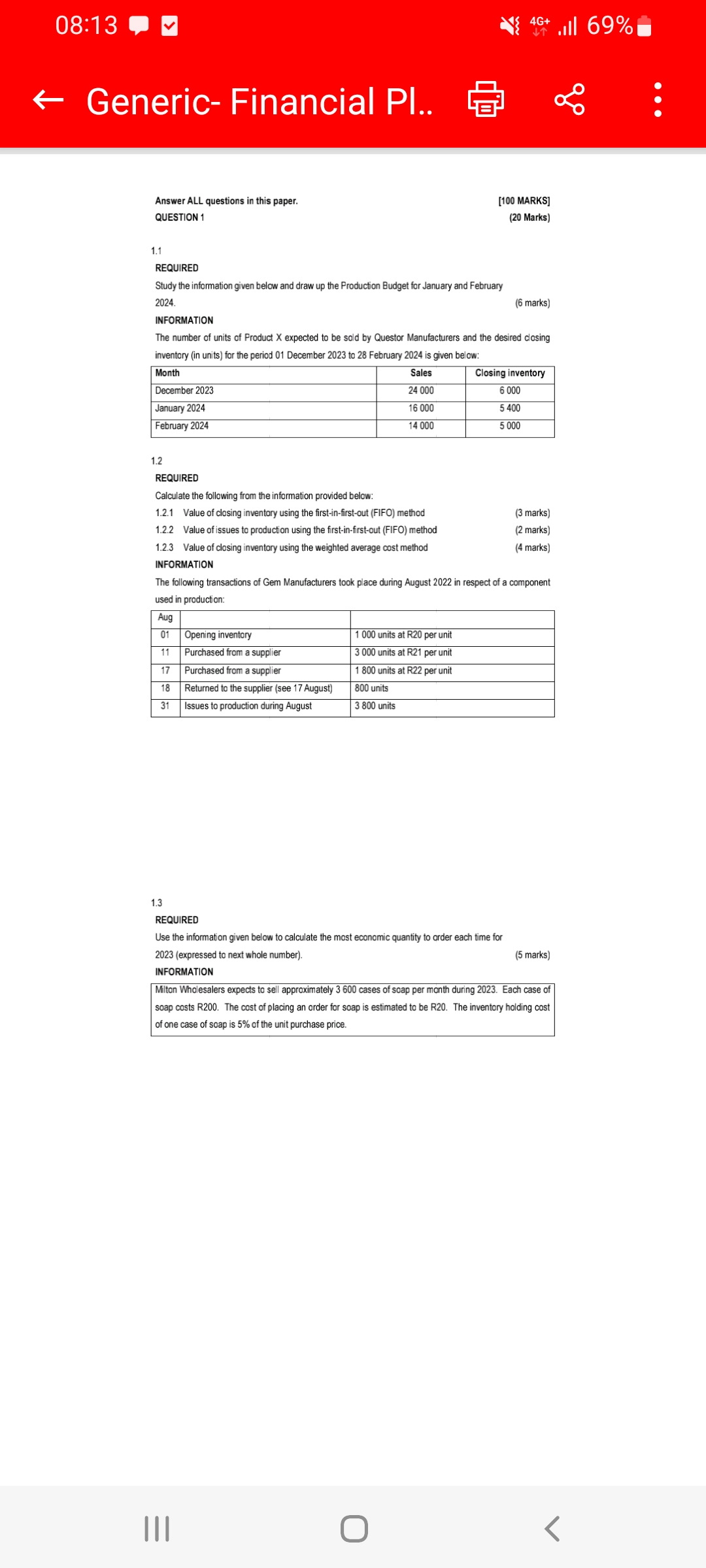  08:13 4c+ 4,69% Generic- Financial Pl.. [100 MARKS] (20 Marks) 1.1