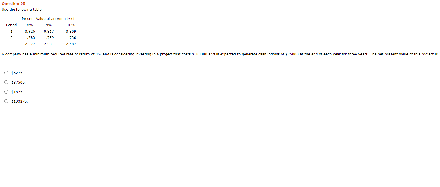  Question 20 Use the following table, Period 1 Present Value of