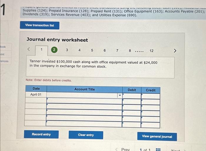 and completed the following transactions in its first month of operations. April