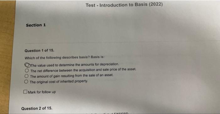  Test - Introduction to Basis (2022) Section 1 Question 1 of