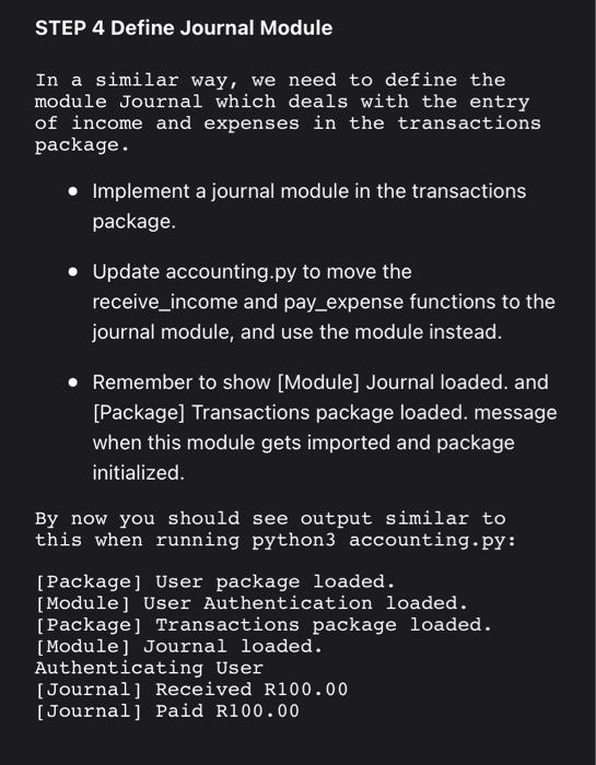 100 print("[Journal] Paid R{0:.2f}".format(amount)) if __name__ == "__main__": authentication amount = 100