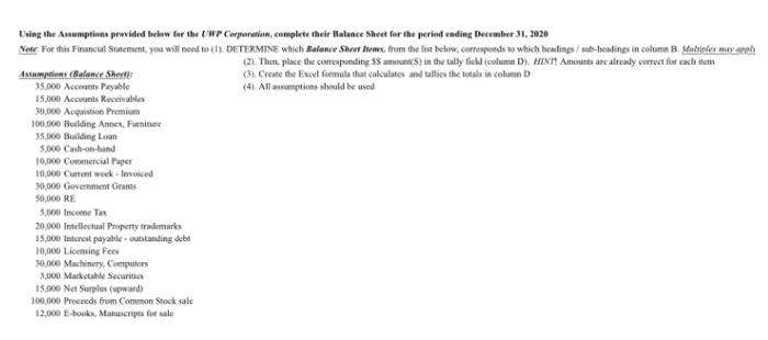  Using the Assumptions provided below for the WP Corporation, complete their