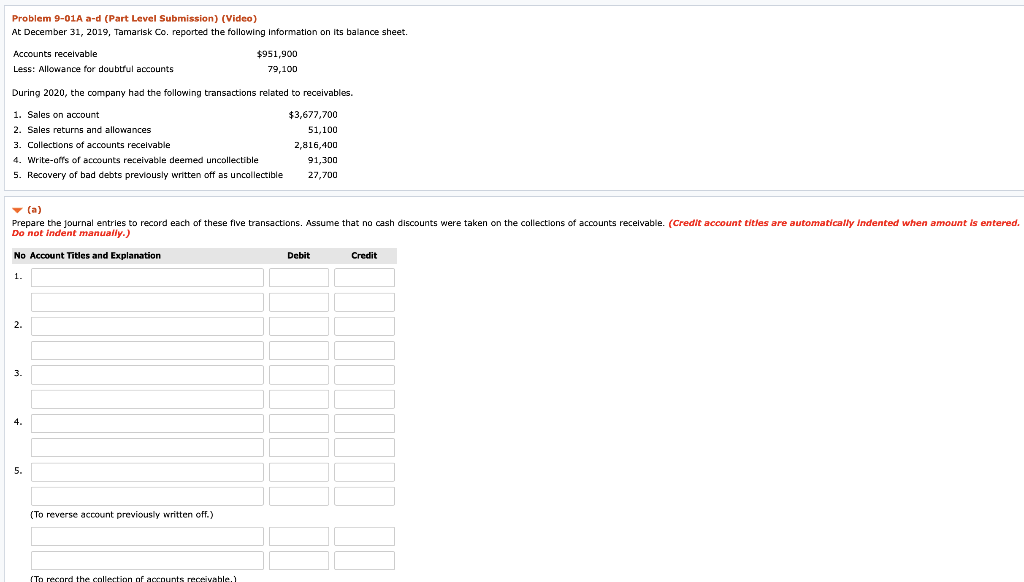 Problem 9-01A a-d (Part Level Submission) (Video) At December 31, 2019,