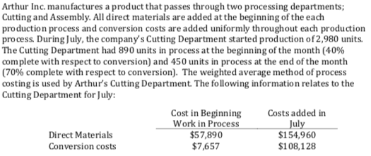 Arthur Inc. manufactures a product that passes through two processing departments;