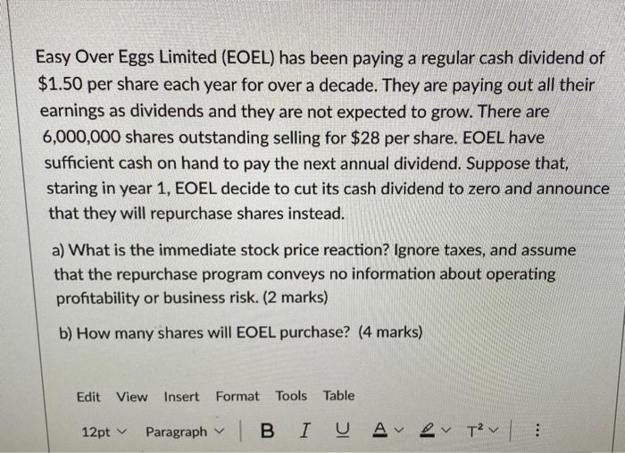  Easy Over Eggs Limited (EOEL) has been paying a regular cash