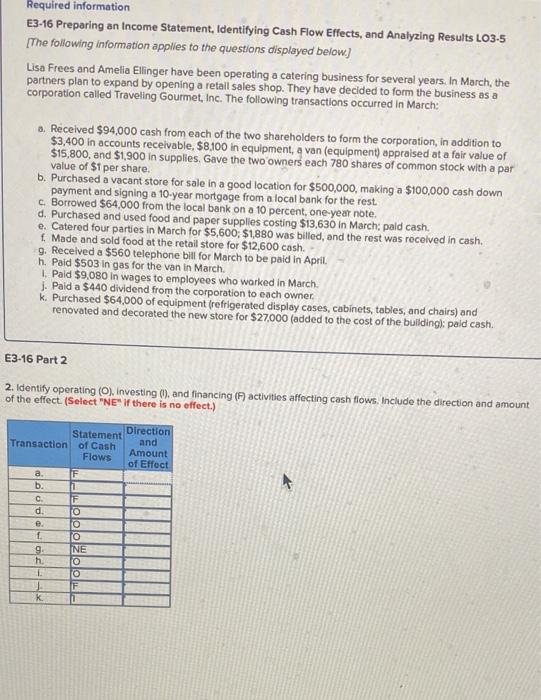  Required information E3-16 Preparing an Income Statement, Identifying Cash Flow Effects,