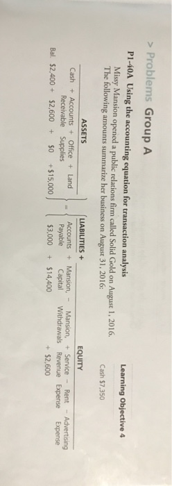 Problems Group A P140A Using the accounting equation for transaction analysis