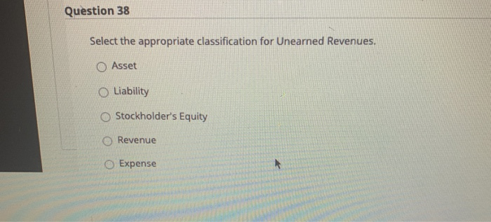 O Contra-Asset Liability 0 Equity Contra-Equity Question 38 Select the appropriate classification