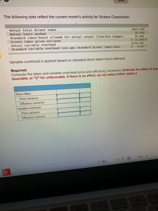  Se The following data reflect the current month's activity for Vickers