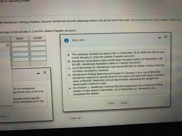 Fishing Charters. Assume Henderson records adjusting e 31 adjusting entries journal entry